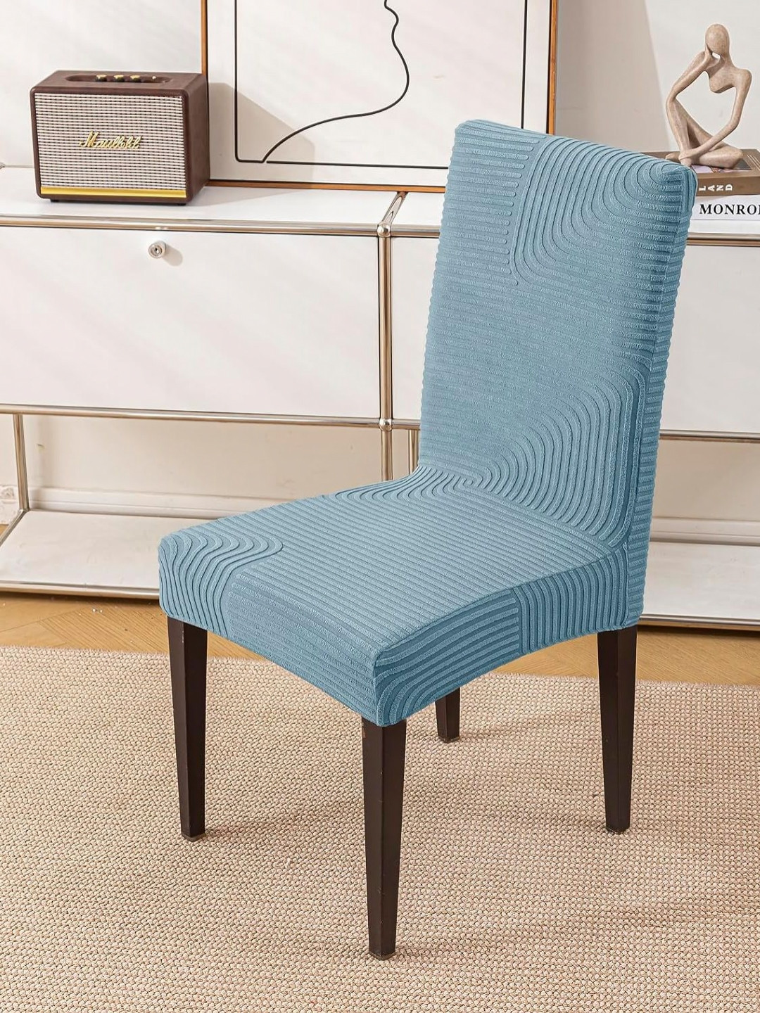 HOUSE OF QUIRK Blue Striped Jacquard Removable & Washable Short Dining Chair Cover