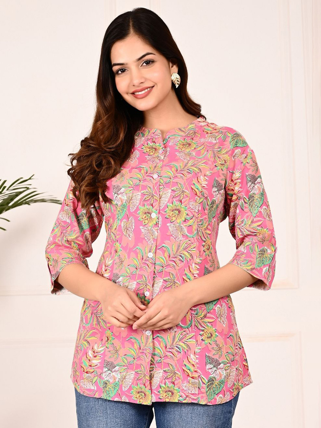 GUDWEARS Print Mandarin Collar Roll-Up Sleeves Top