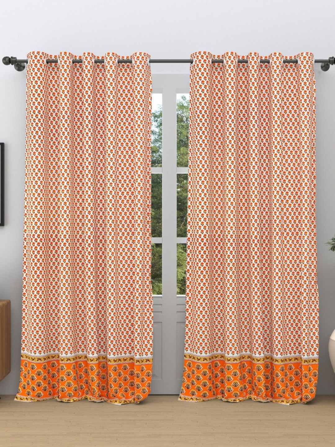 The Craft Monk Yellow & White 2 Pieces Floral Printed Pure Cotton Door Curtains