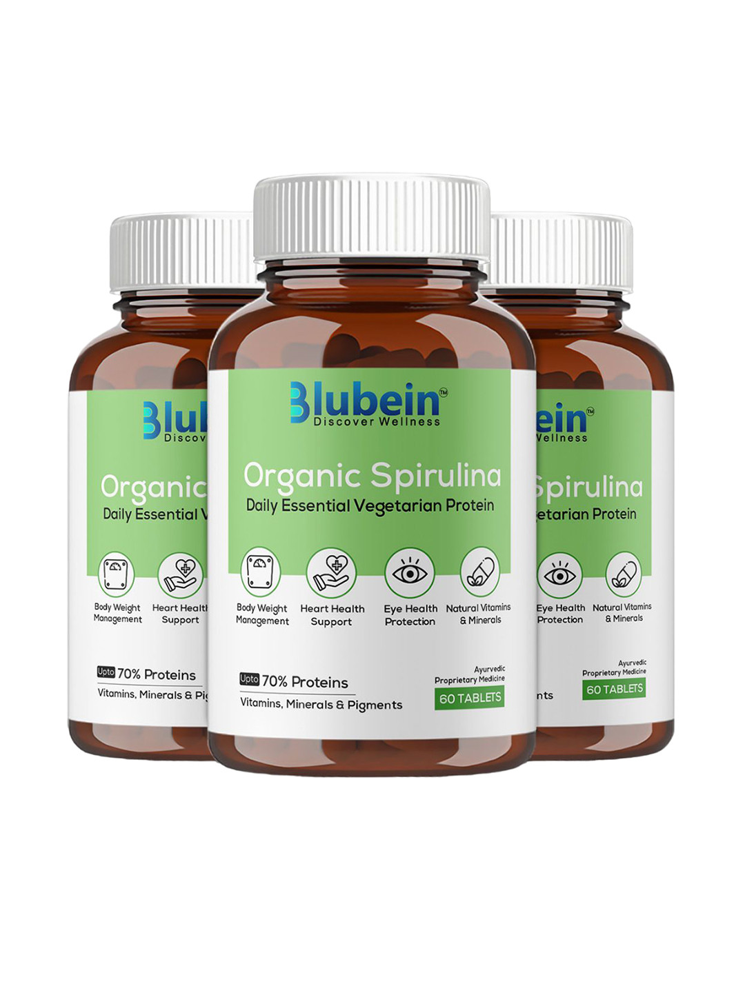 BLUBEIN Set Of 3 Super Greens Spirulina Tablets- 60 Tablets Each