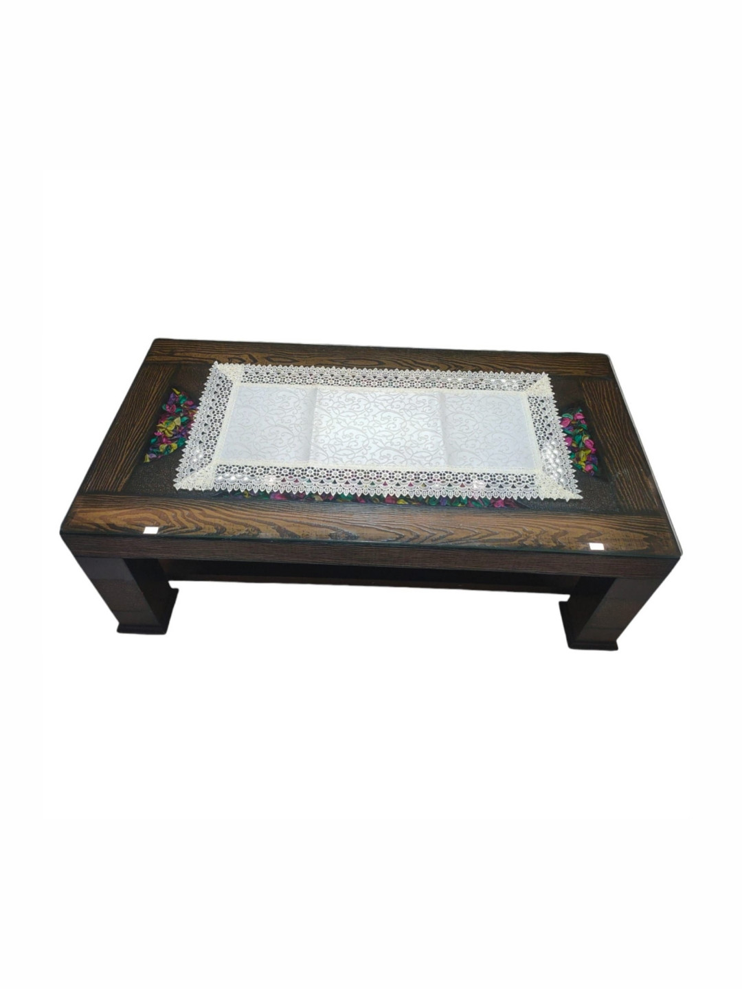 TANLOOMS Cream Colored Ethnic Motifs Self Design Lace Border Center Table Runner