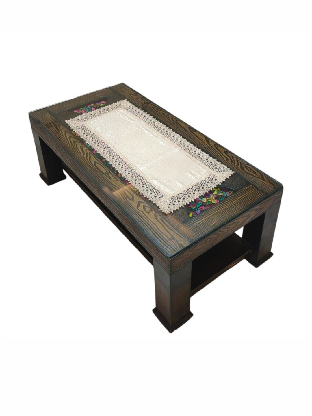 MONKDECOR Beige-Color Self Design Lace Border Center Table Runner