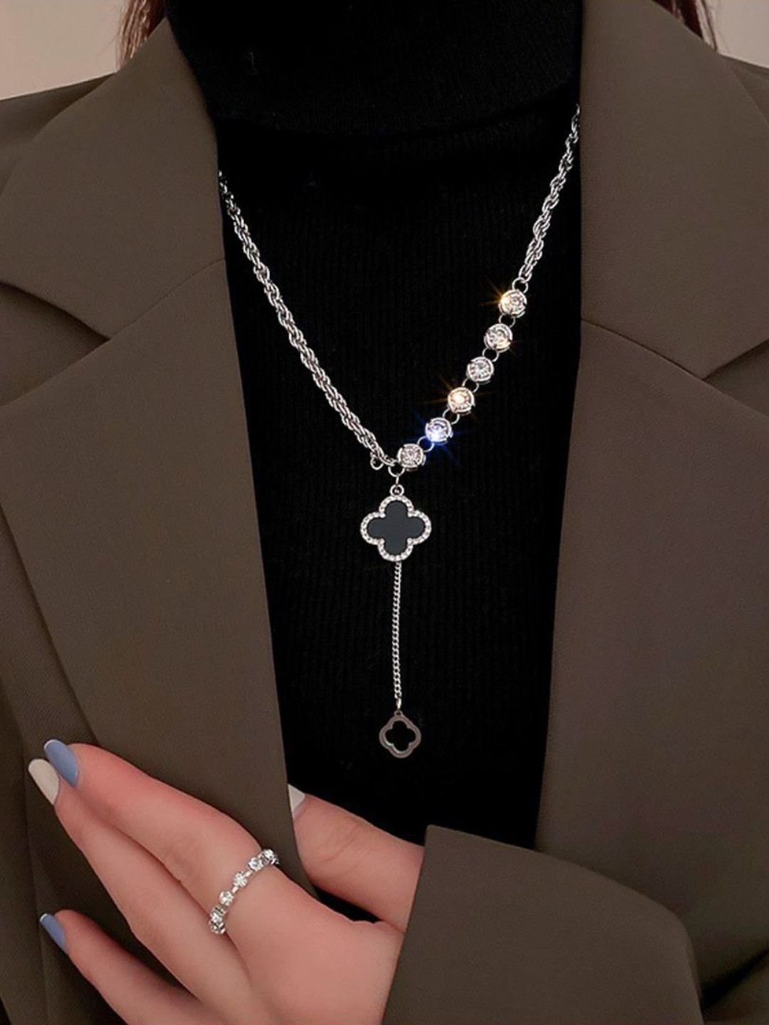 SALTY Stainless Steel Stone Studded Leef Clover Necklace