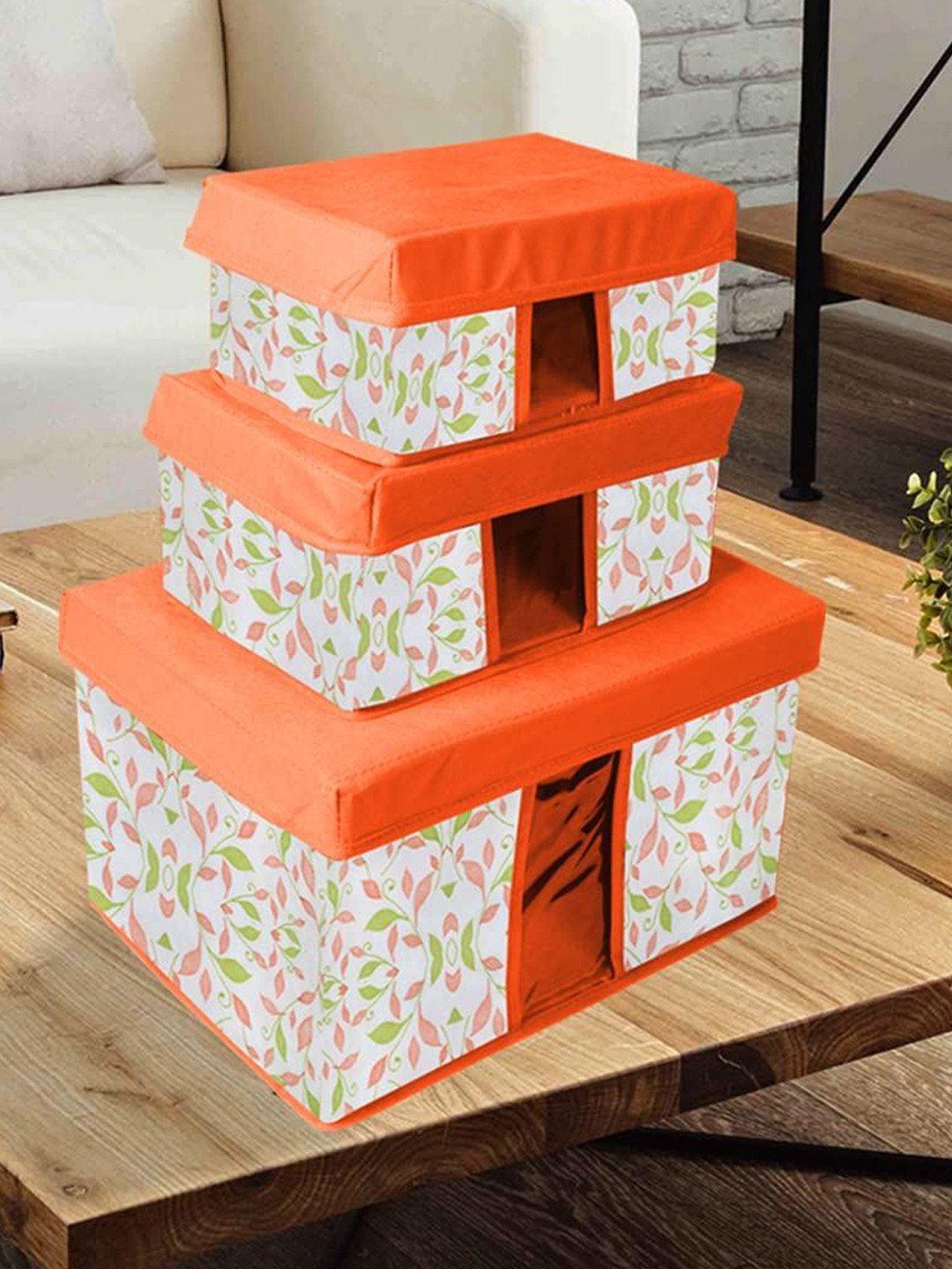 prettykrafts Orange 3 Pieces Reusable Printed Multi-Utility Organisers