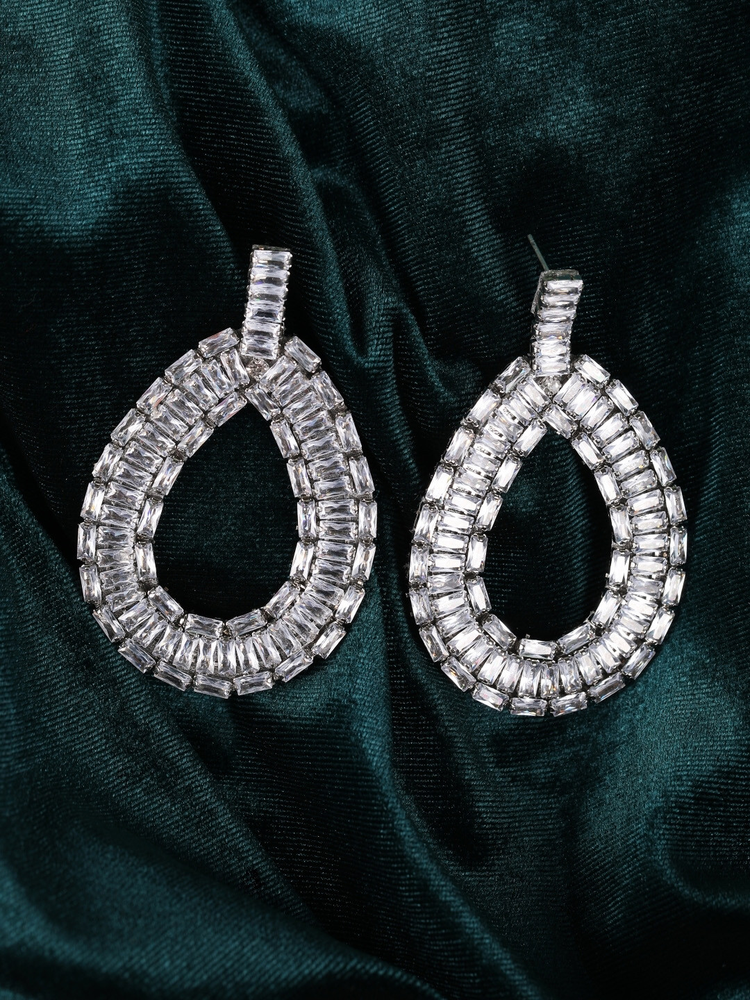 KPOP Silver-Plated Teardrop Shaped Rhinestone Studded Drop Earrings