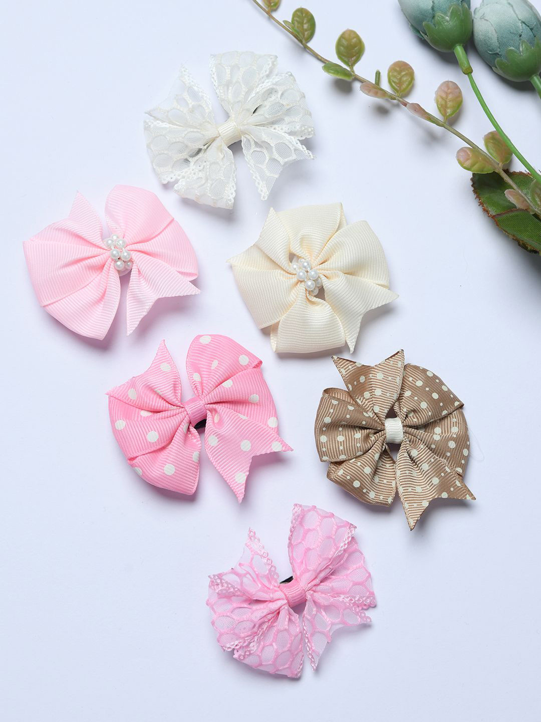 FUNKRAFTS Girls Set of 6 Embellished Polka Ribbon Bow Alligator Hair Clips