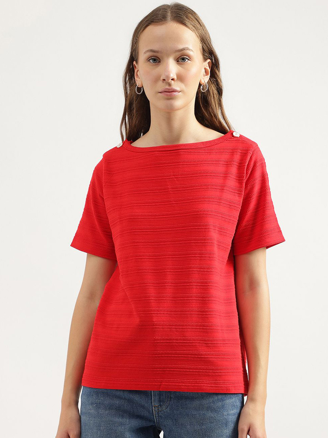 United Colors of Benetton Women Self Design Boat Neck Pure Cotton T-shirt