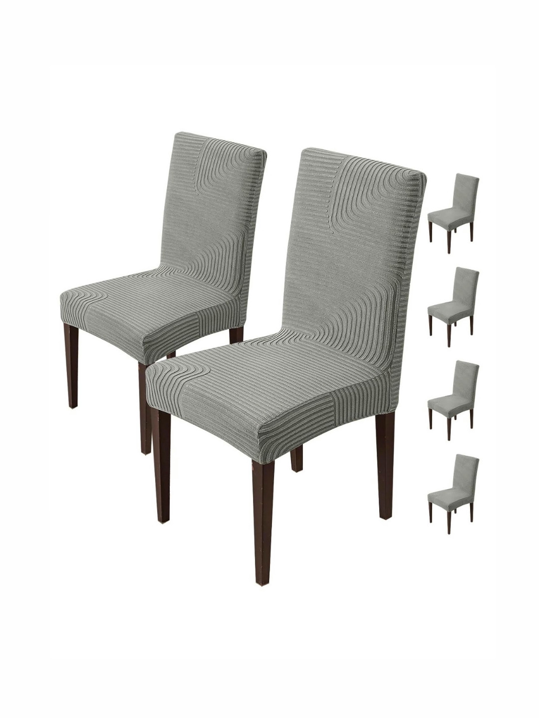 HOUSE OF QUIRK Grey 6 Pcs Striped Jacquard Removable & Washable Short Dining Chair Covers