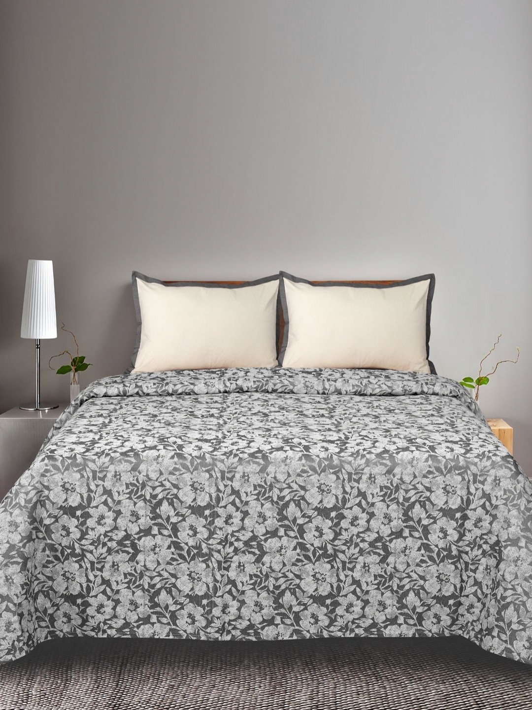 Saral Home Kanan Grey Floral Cotton 400 TC King Superfine Bedsheet with 2 Pillow Covers-106 x 102 inches