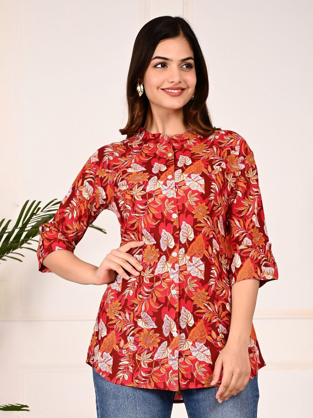 GUDWEARS Print Mandarin Collar Roll-Up Sleeves Top