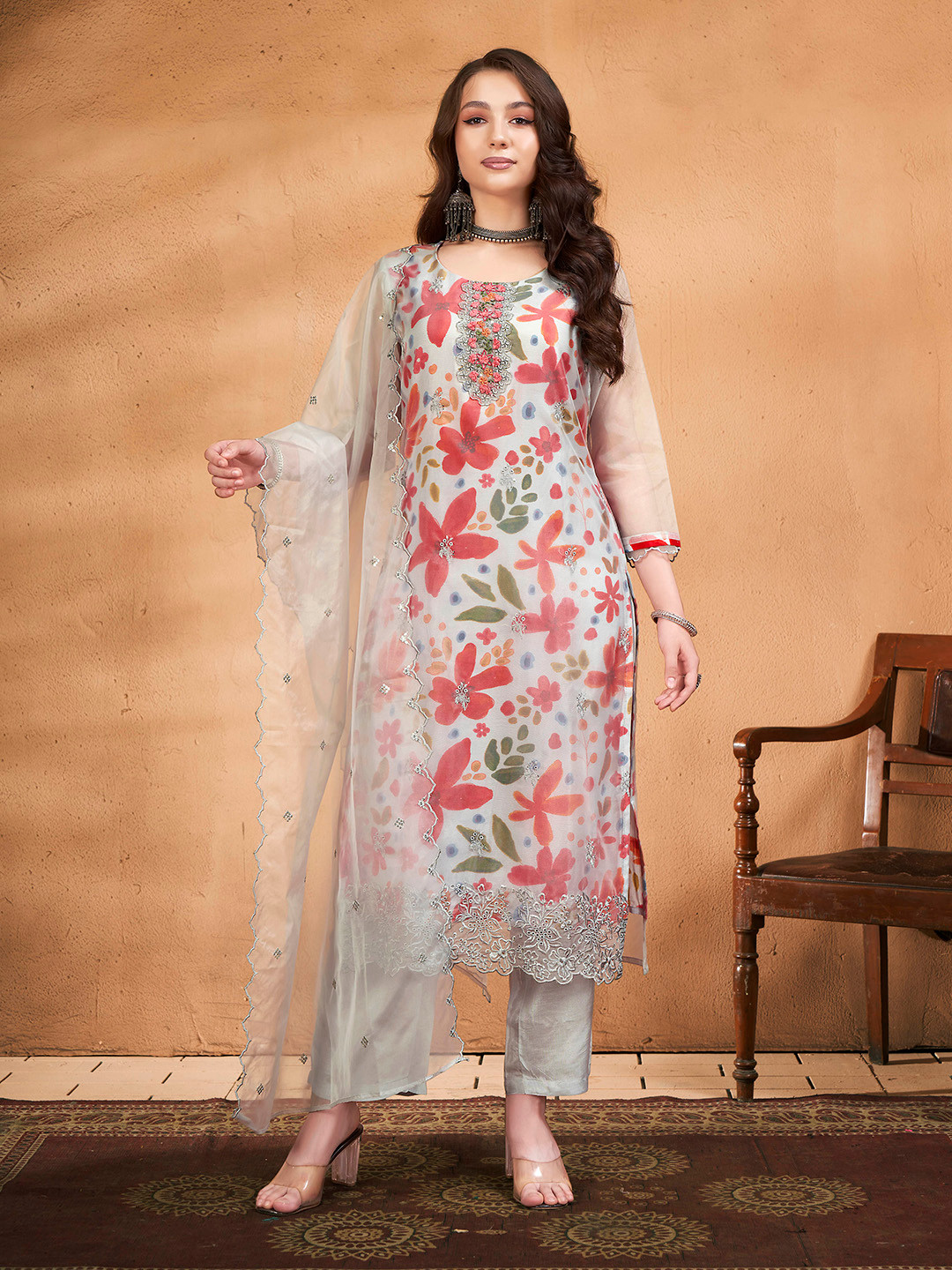 Anouk Grey and pink Floral Embroidered Thread Work Straight Kurta with Trouser & Dupatta