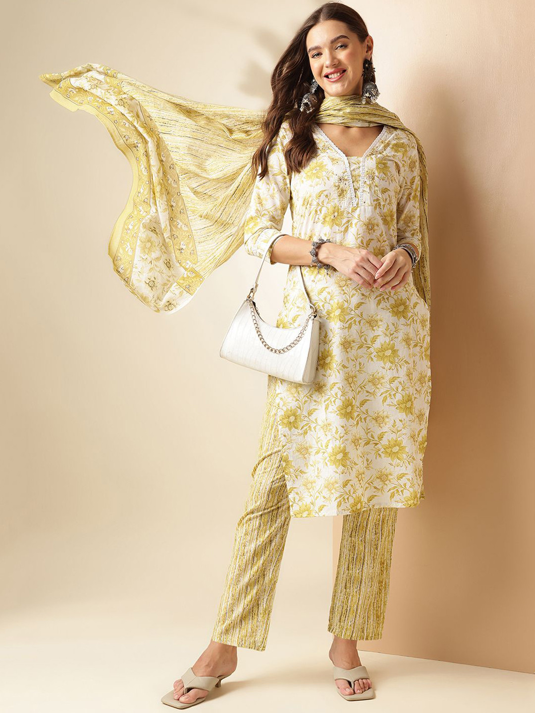 Anouk Yellow and White Floral Printed Pure Cotton Straight Kurta with Trouser & Dupatta