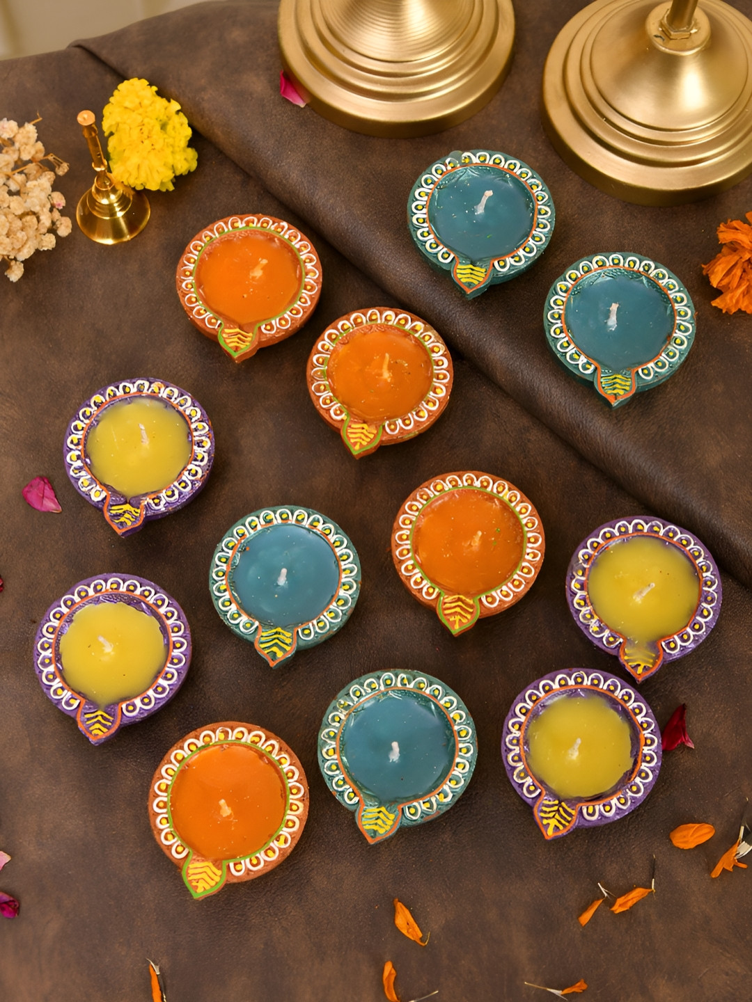 Aapno Rajasthan Blue & Purple 12 Pieces Printed Terracotta Wax Diyas