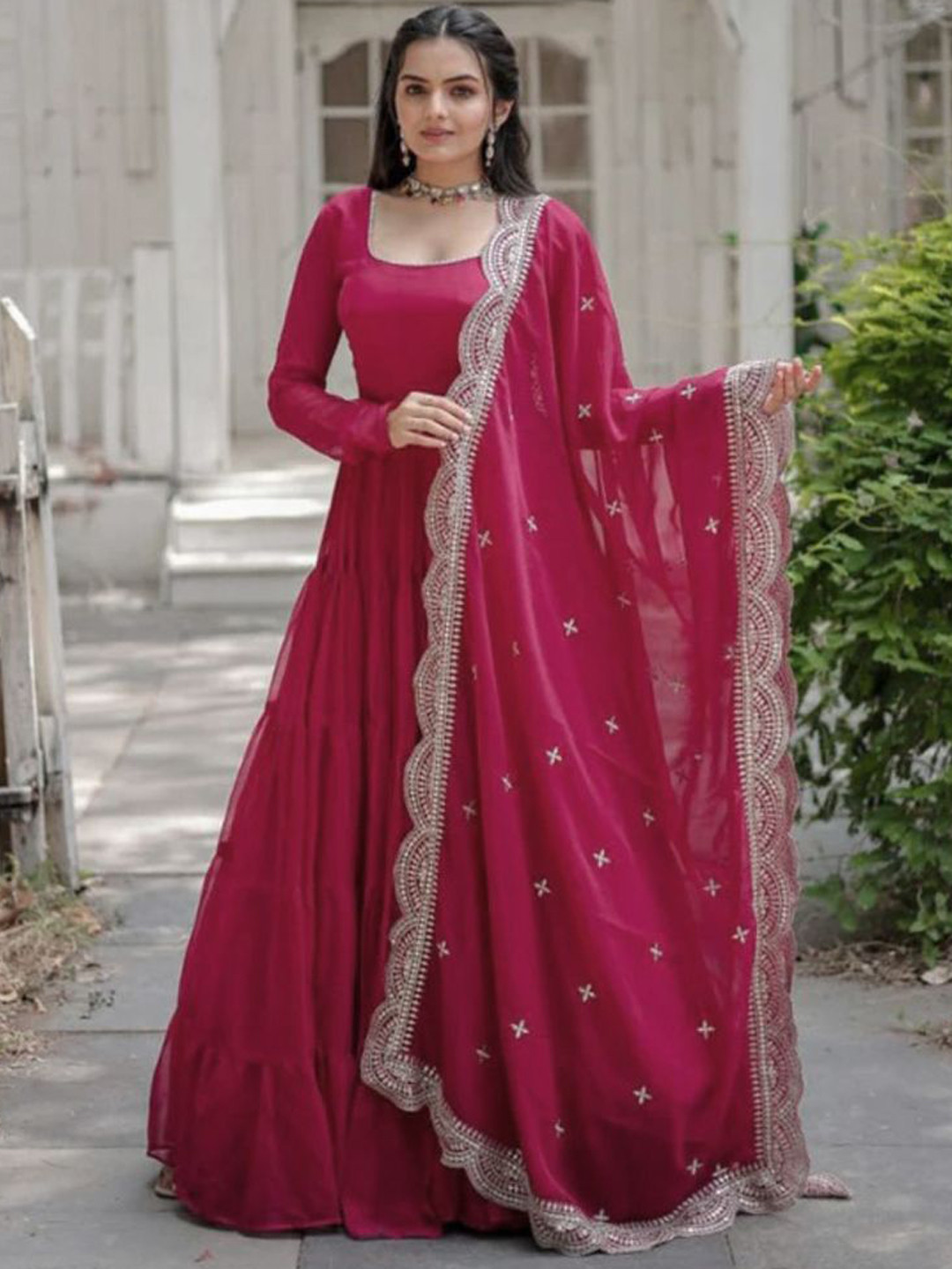 Wedani Round Neck Long Sleeves Layered Georgette Anarkali Kurta With Trouser With Dupatta