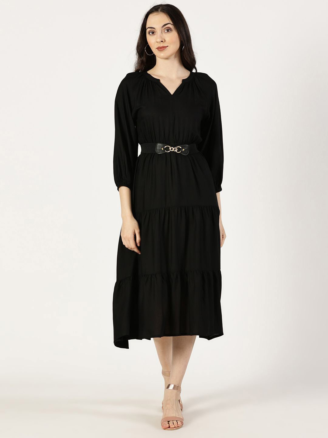 Saffron Threads Solid Puff Sleeve Fit & Flare Midi Dress