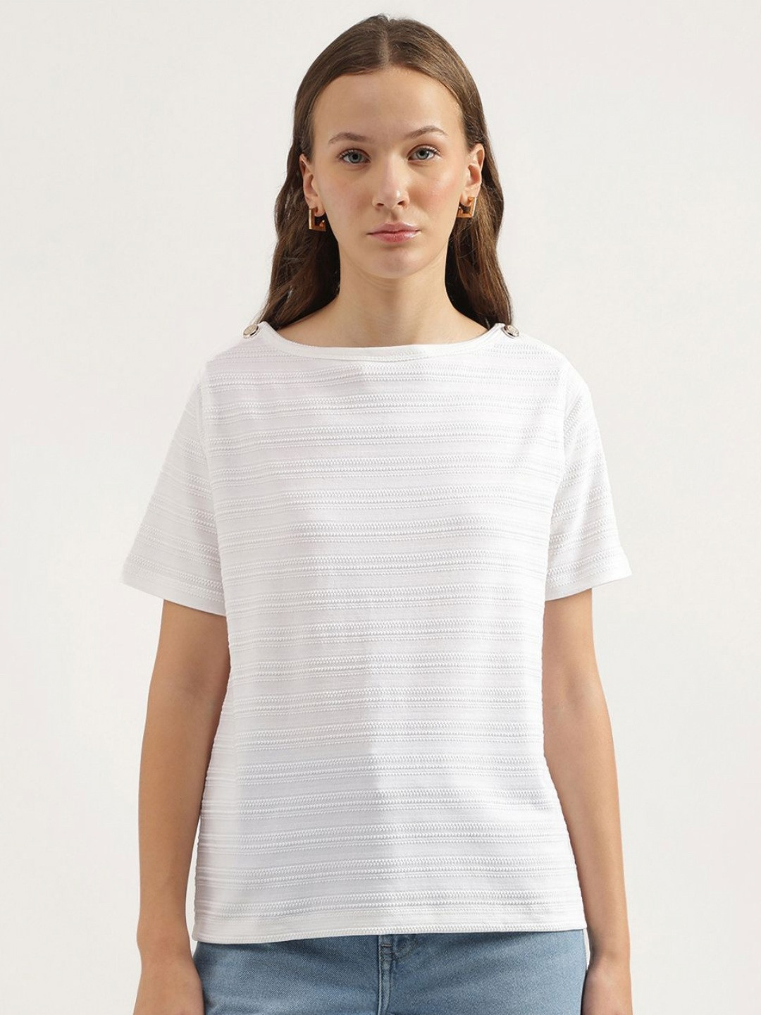 United Colors of Benetton Women Self Design Boat Neck Pure Cotton T-shirt