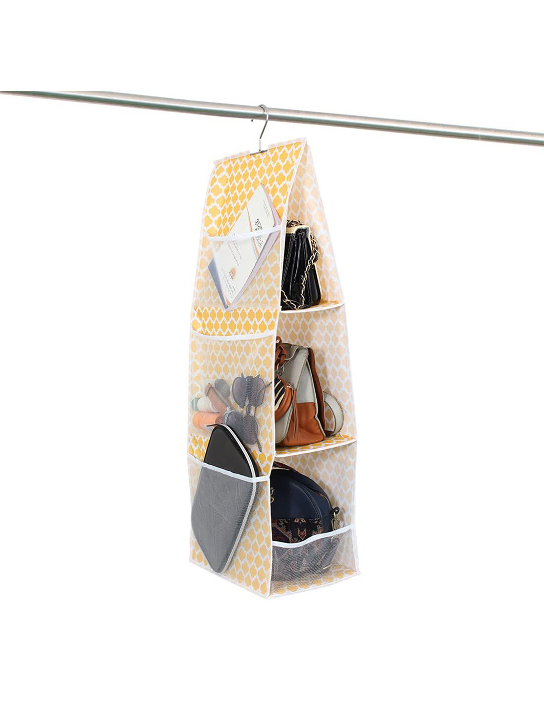 prettykrafts Yellow & White Printed 3 Pocket Foldable Hanging Multi-Utility Organisers
