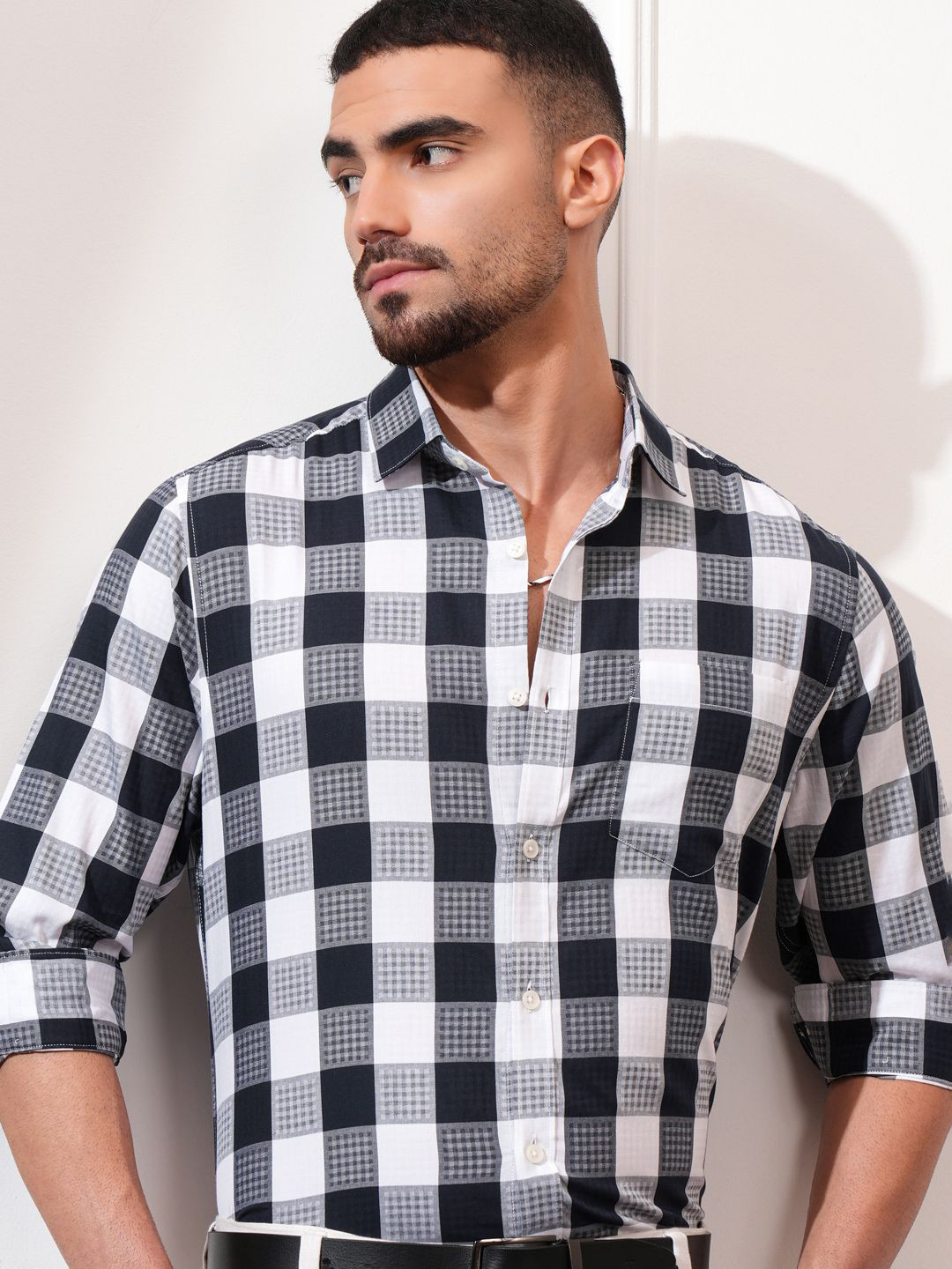 Locomotive Luxe Men Dobby Textured Checked Multy Occasion Shirt