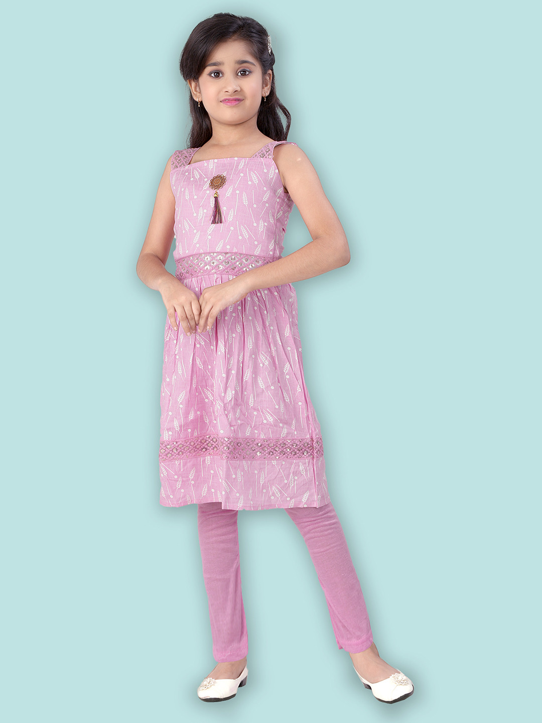 BURBN Girls Floral Printed Square Neck Sequinned A-Line Kurta with Leggings