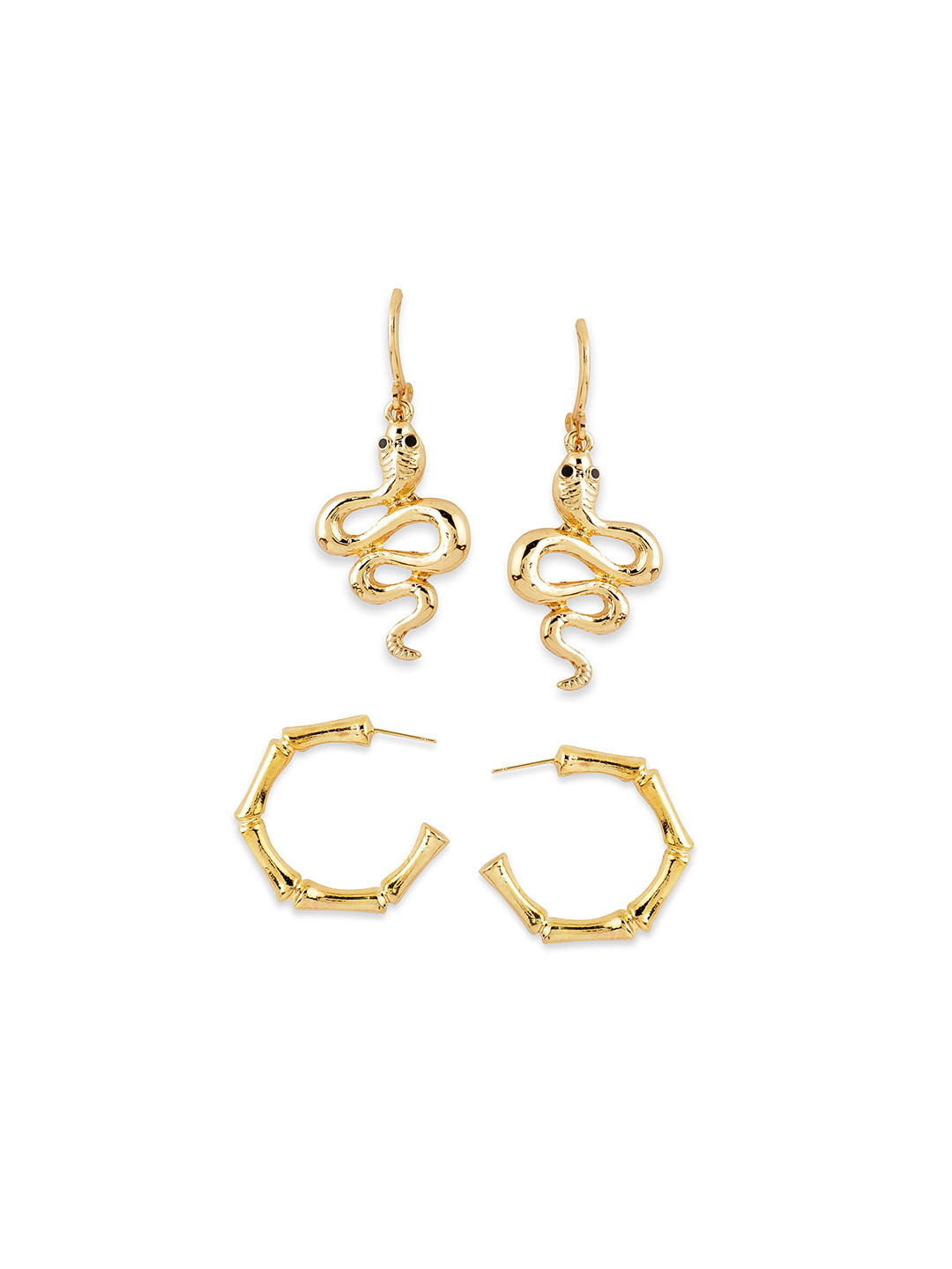 Rubans Set of 2 18K Gold Plated Bamboo Hoop & Snake Drop Earrings - Unique Statement Set