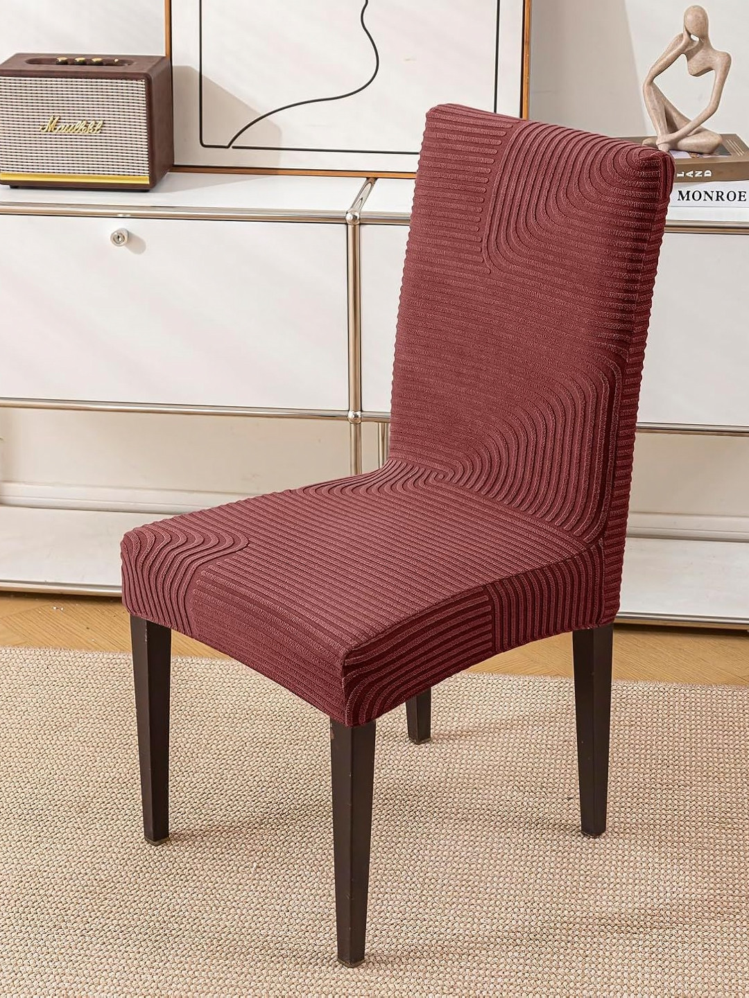 HOUSE OF QUIRK Maroon Striped Jacquard Removable & Washable Short Dining Chair Cover