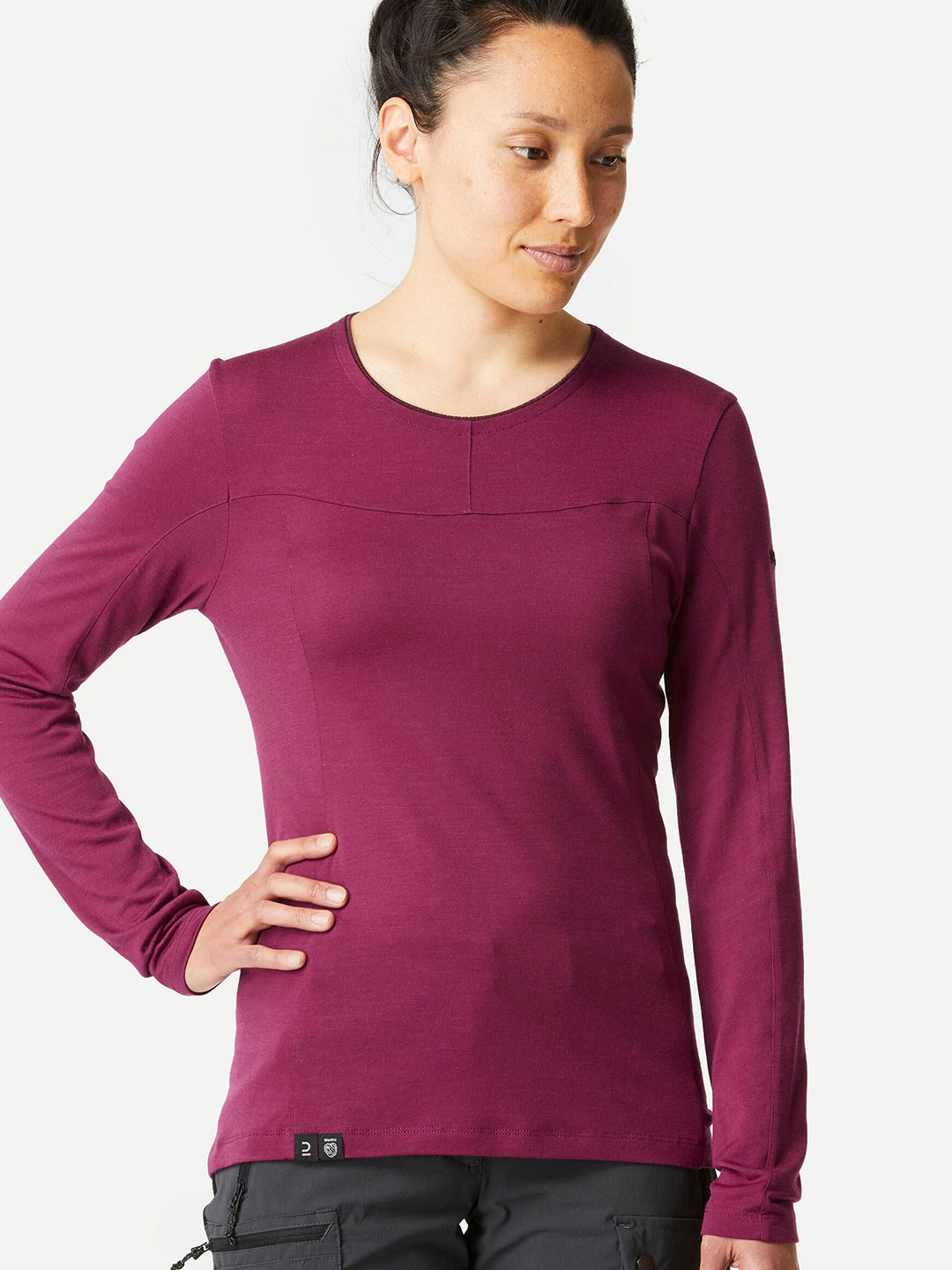Decathlon FORCLAZ - Women Solid Burgundy 100% Merino Wool Long-Sleeve Travel T-Shirt