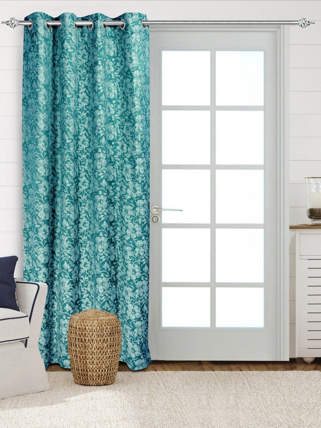 Saral Home KANAN Teal & White Floral Printed Cotton Room Darkening Long Door Curtain