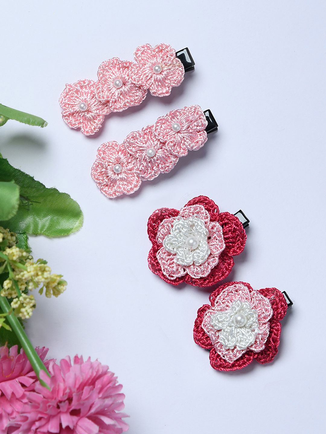 FUNKRAFTS Girls Set of 4 Embellished Floral Crochet Hair Clips