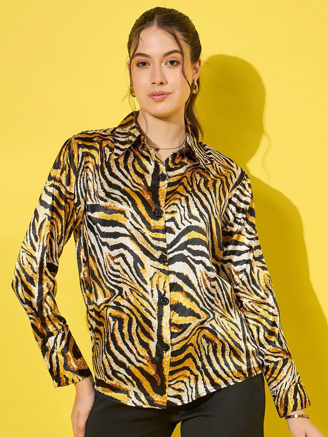 BUY NEW TREND Women Standard Spread Collar Animal Printed Satin Casual Shirt