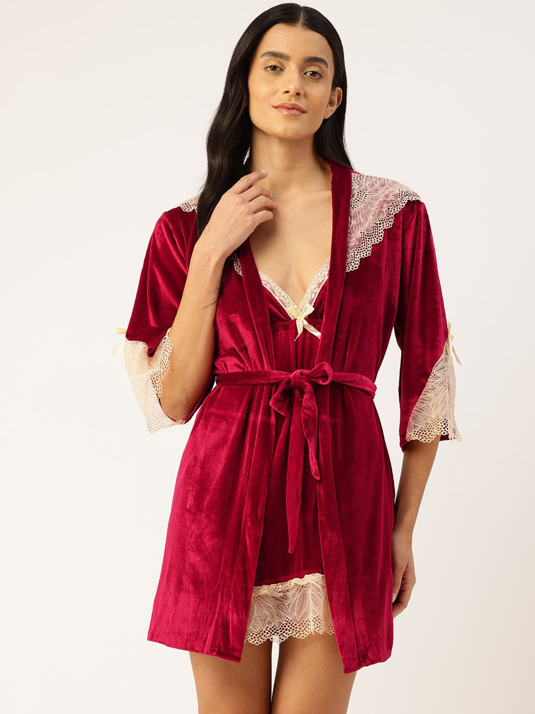Ms.Lingies Women Velvet Babydoll Nightwear With Robe