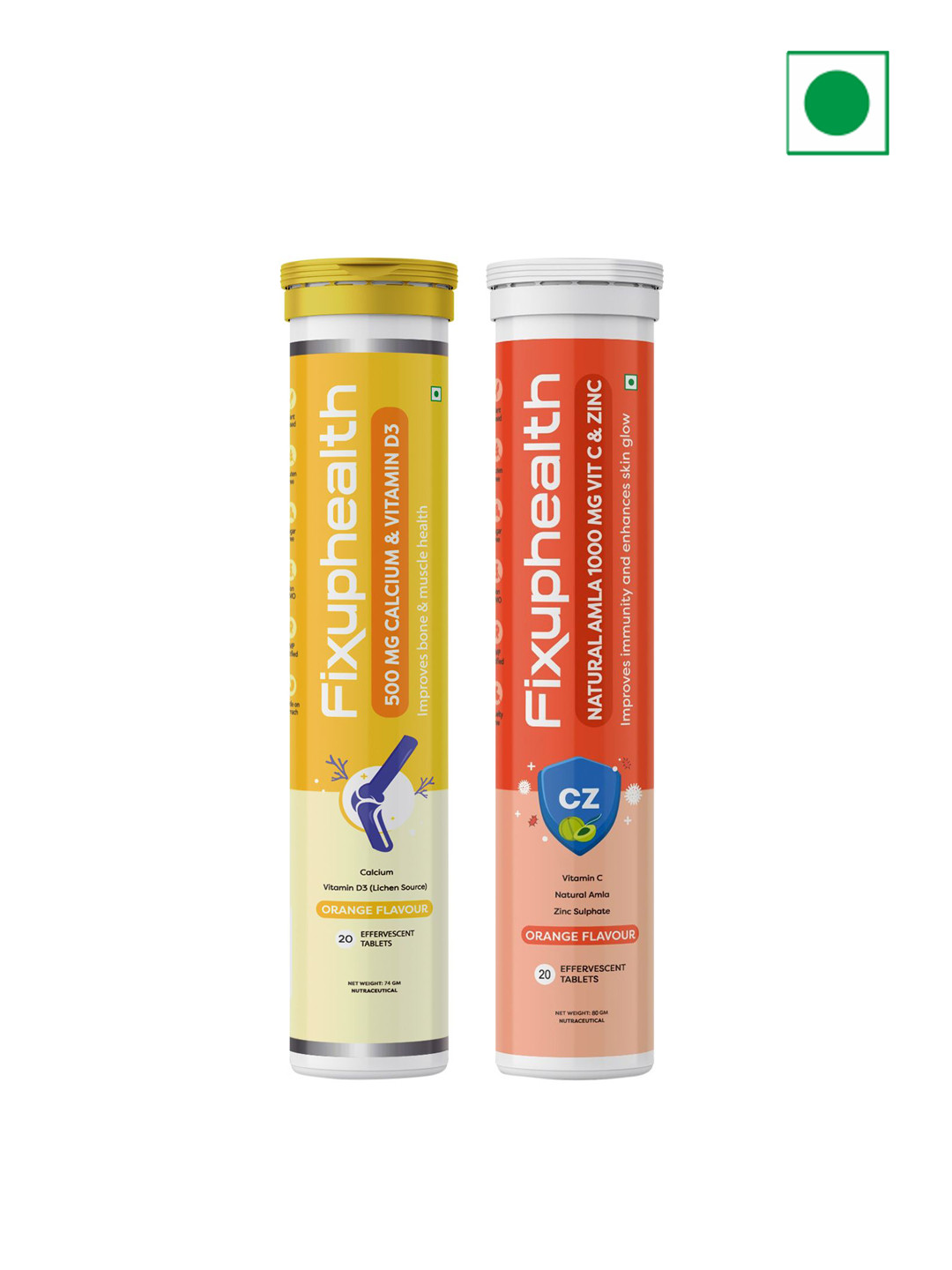 Fixuphealth Calcium 500mg Effervescent - 20 Tablets & Natural Amla 1000mg Vit C- 20Tablets