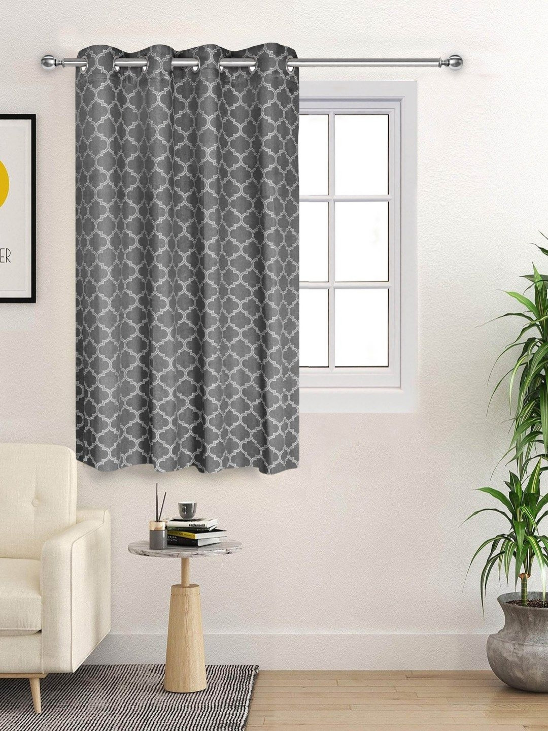 Saral Home Grey & White Geometric Woven Design Cotton Room Darkening Window Curtain