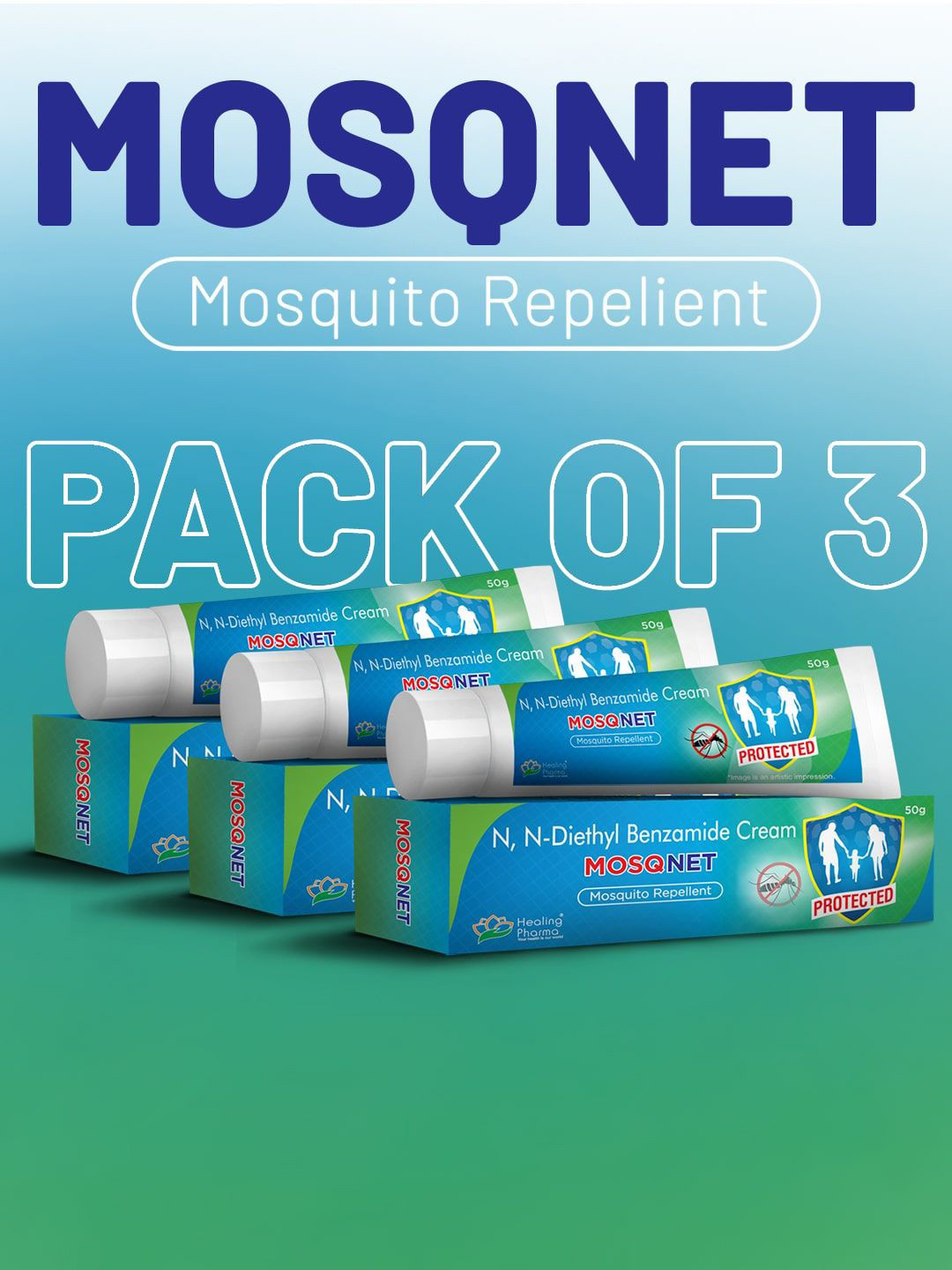 Healing Pharma Set Of 3 Mosqnet Mosquitoes Repellent Cream- 50 g Each