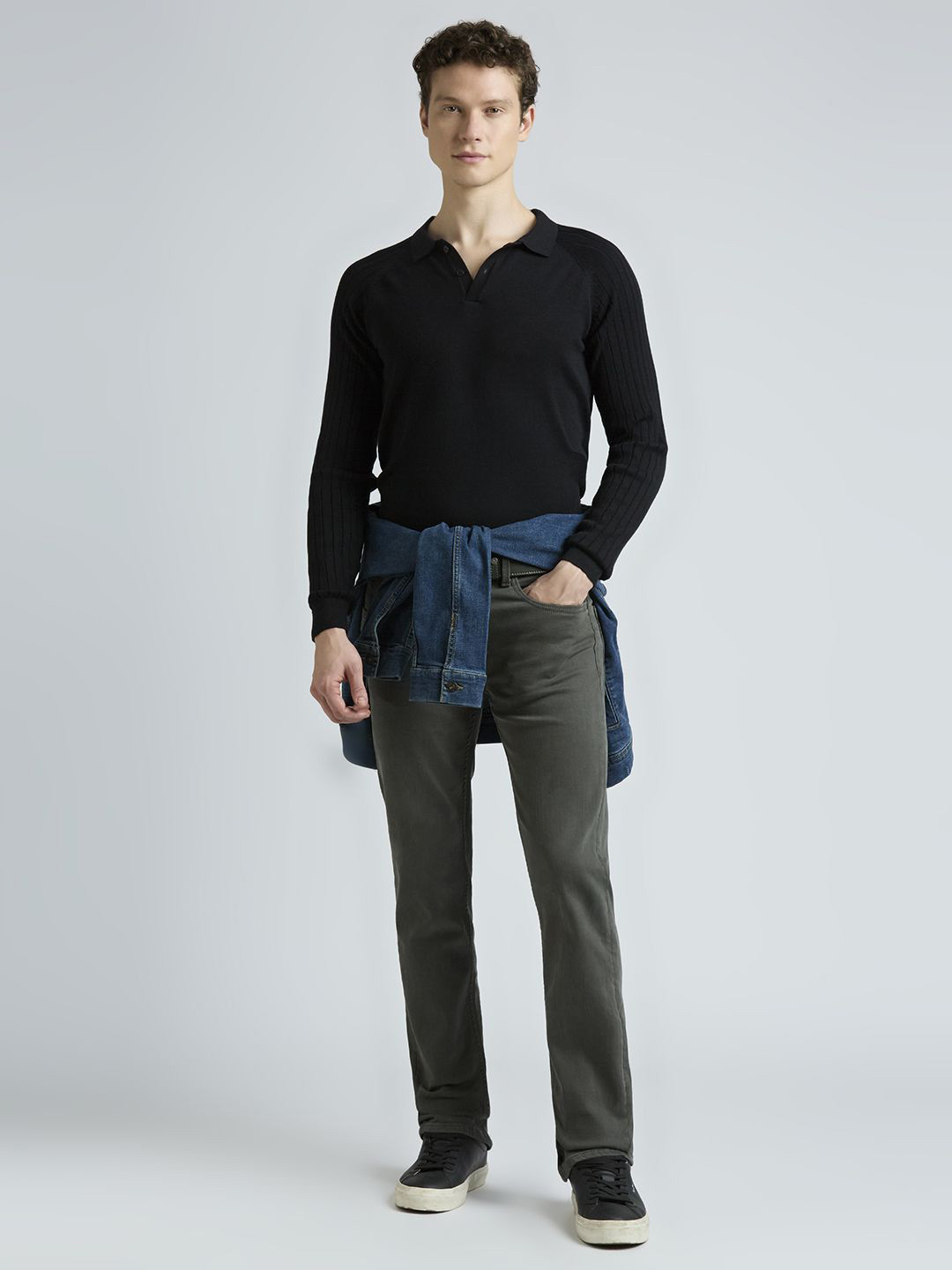 Pepe Jeans Men Ribbed Self Design Lapel Collar Cotton Pullover Ribbed Sweater