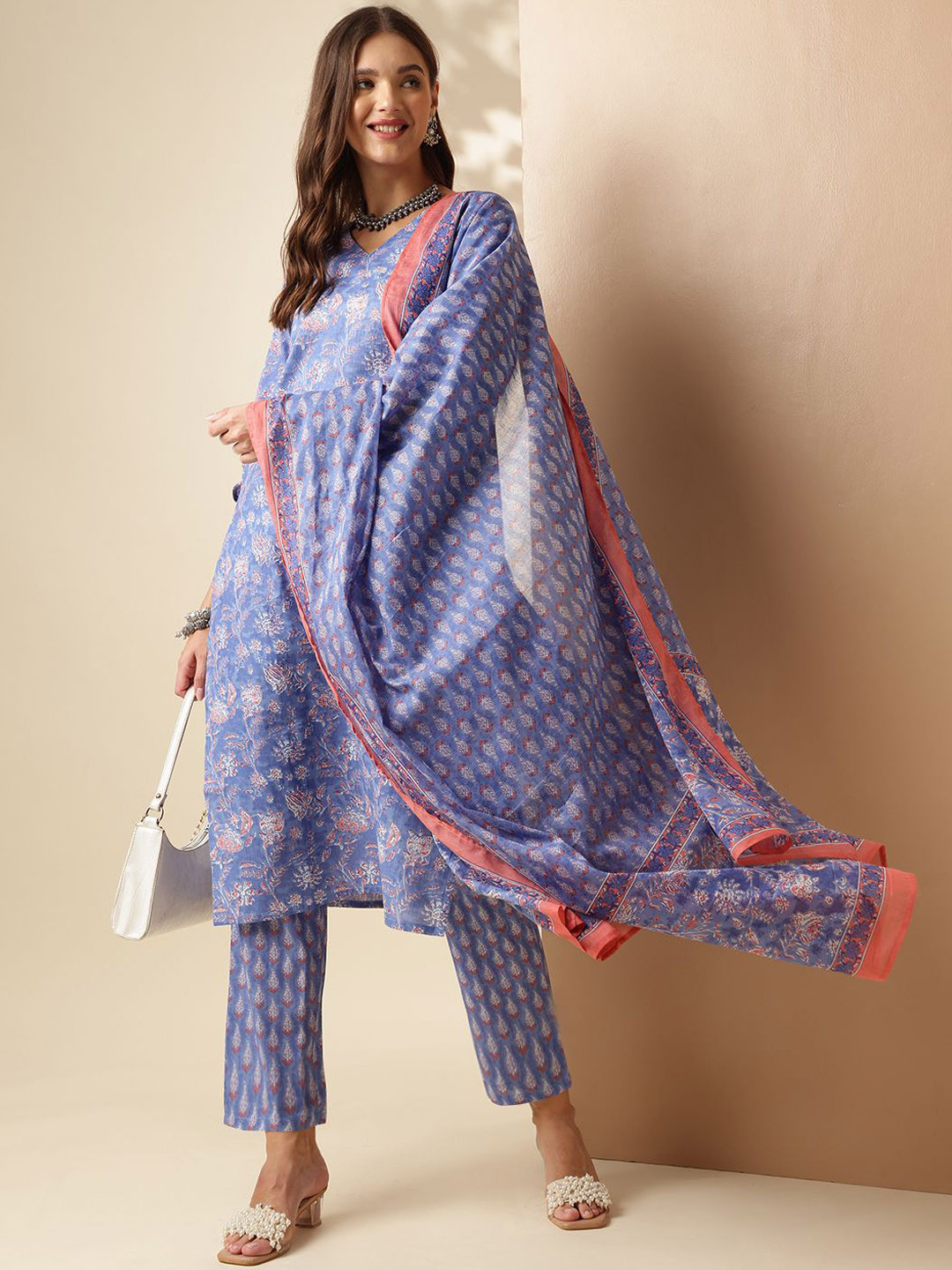 Anouk Blue and Rust Floral Printed Pure Cotton Straight Kurta with Trouser & Dupatta