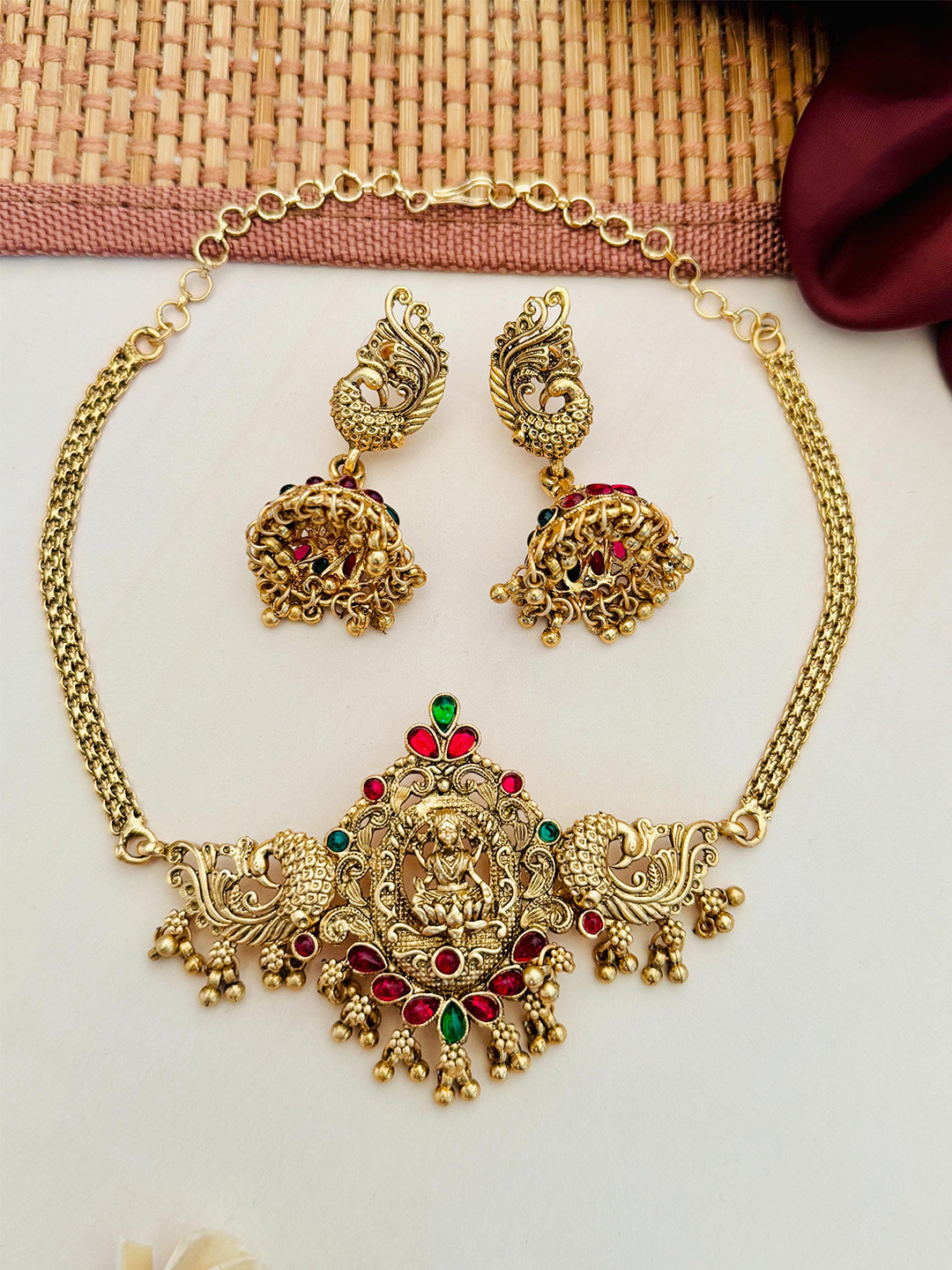 ABDESIGNS Sophisticated Gold Plated Stones Studded Lakshmi God Temple Jewellery Set