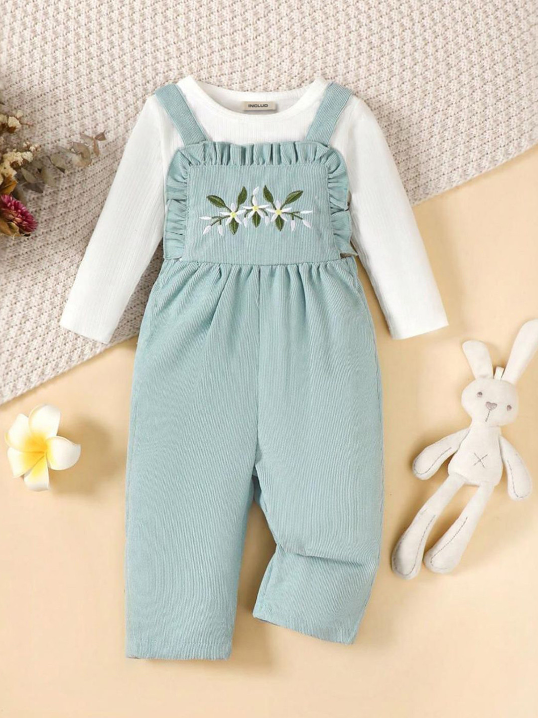 INCLUD Girls Embroidered Dungaree With T-Shirt