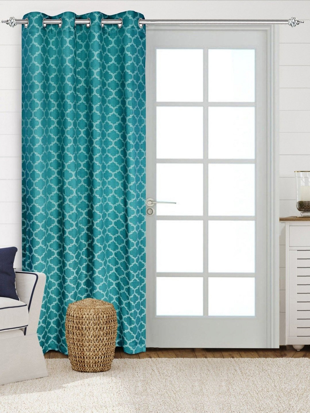 Saral Home NOOR Teal & White Geometric Woven Design Cotton Room Darkening Door Curtain