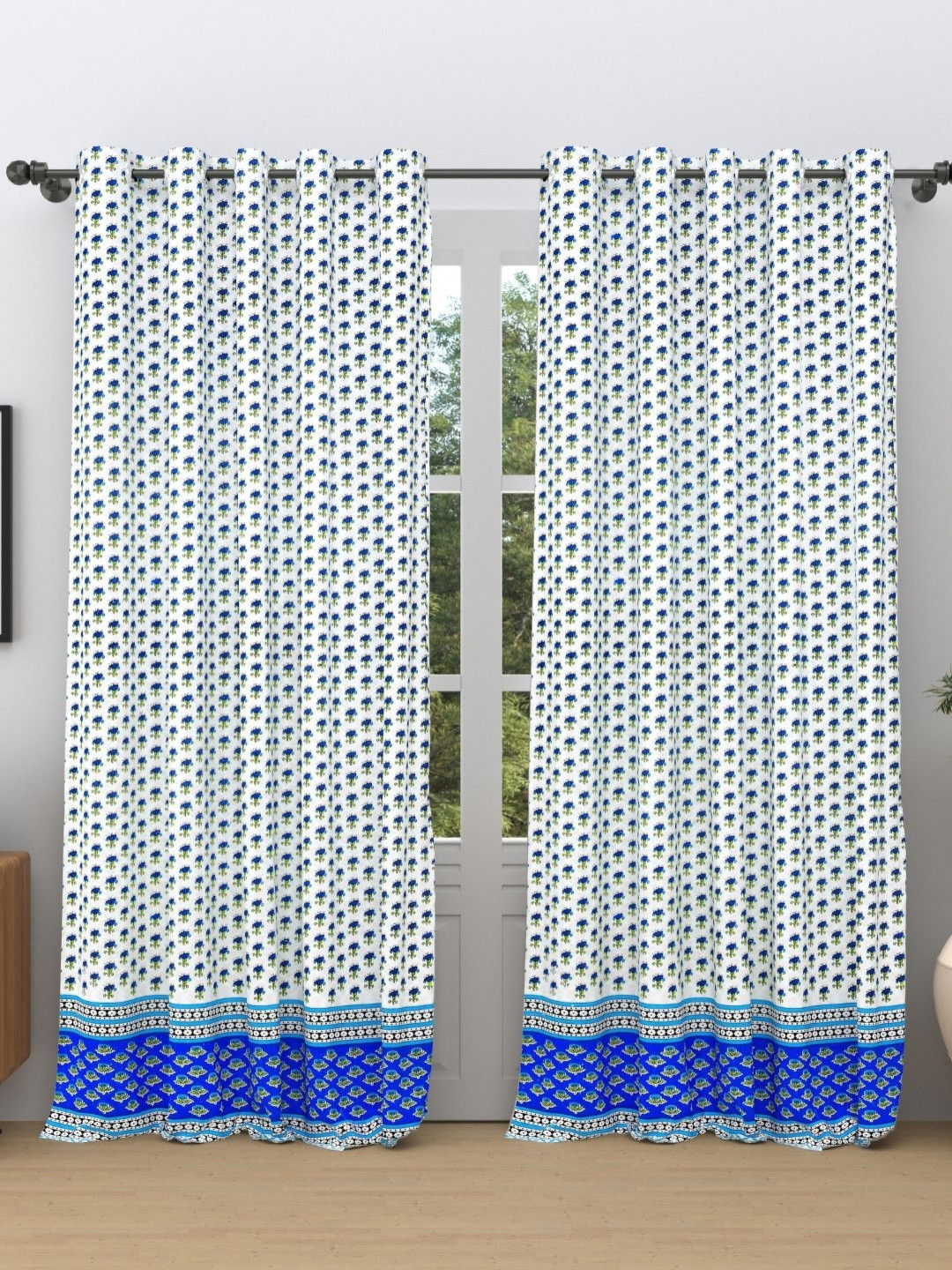 The Craft Monk White & Blue 2 Pieces Floral Printed Pure Cotton Door Curtains
