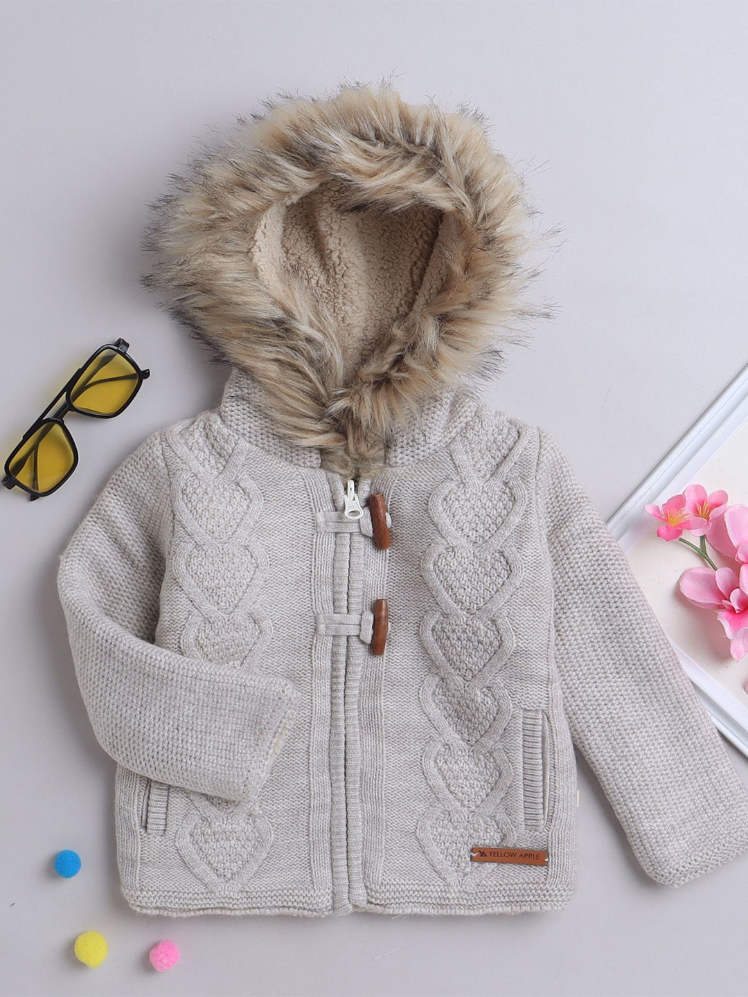 Yellow Apple Girls Hooded Cable Knit Woollen Cardigan Sweater