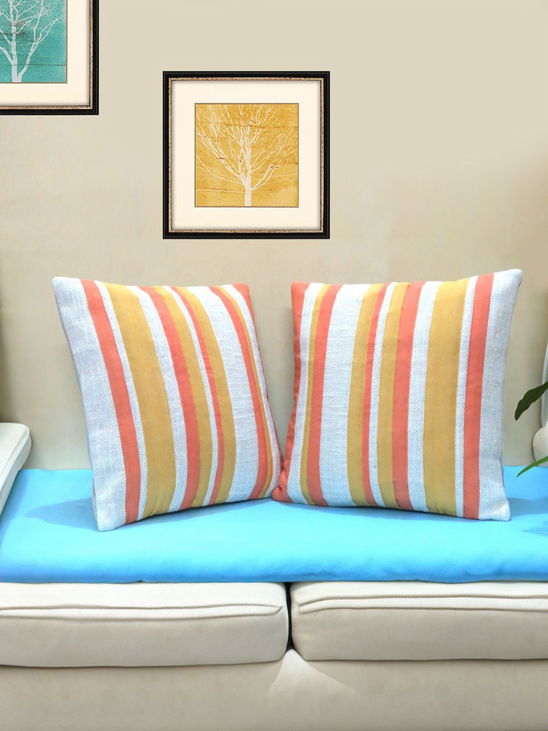 Mid July Home Yellow Striped Cotton 2 Piece Textured Square Cushion Covers -16x16In