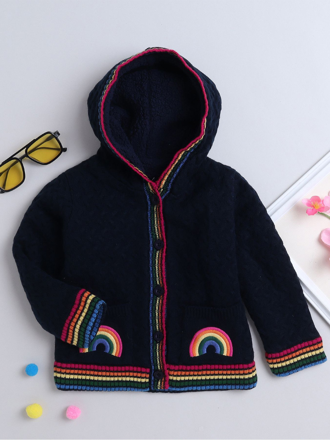 Yellow Apple Girls Solid Front-Open Woollen Sweater