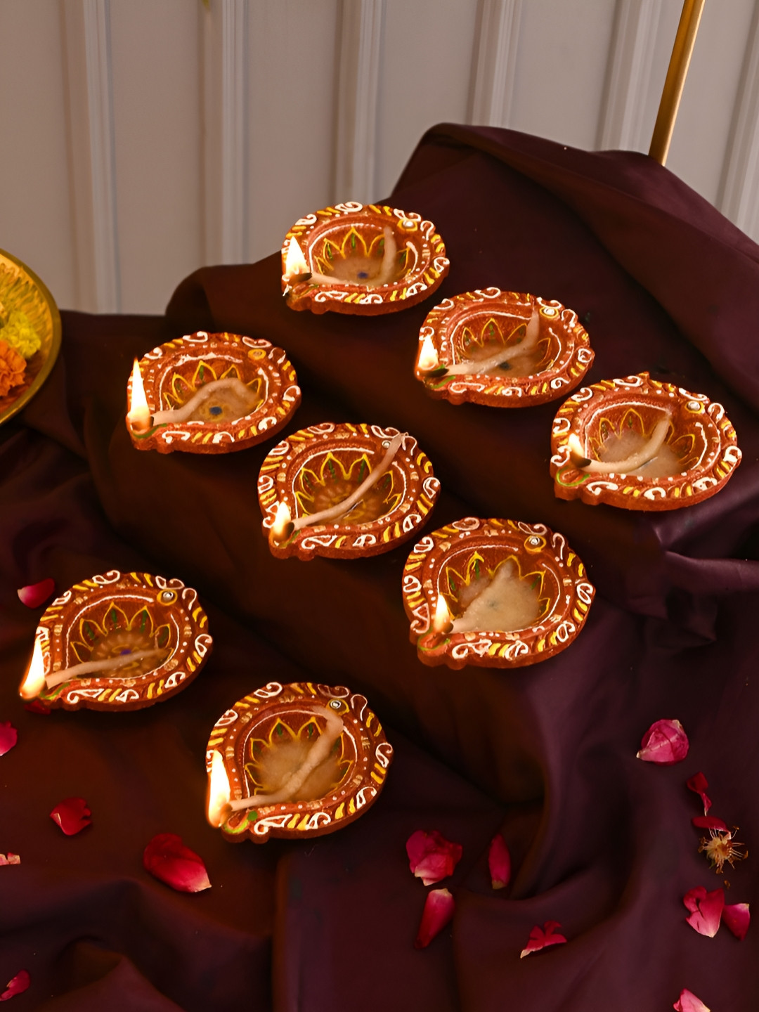 Aura Rust & Green 8 Pieces Floral Printed Terracotta Diyas