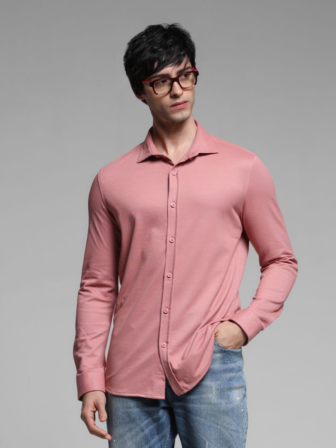 Jack & Jones Men Spread Collar Solid Cotton Slim Fit Casual Shirt