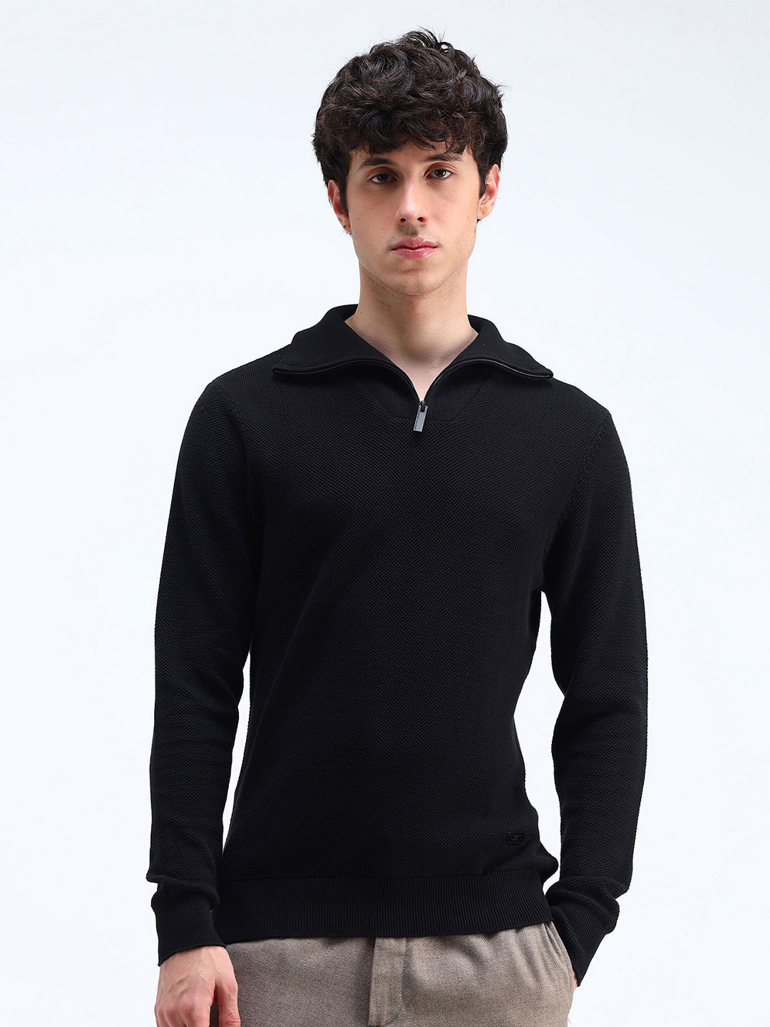 Flying Machine Men Self Design Cable Knit Pullover Pure Cotton Ribbed Sweater