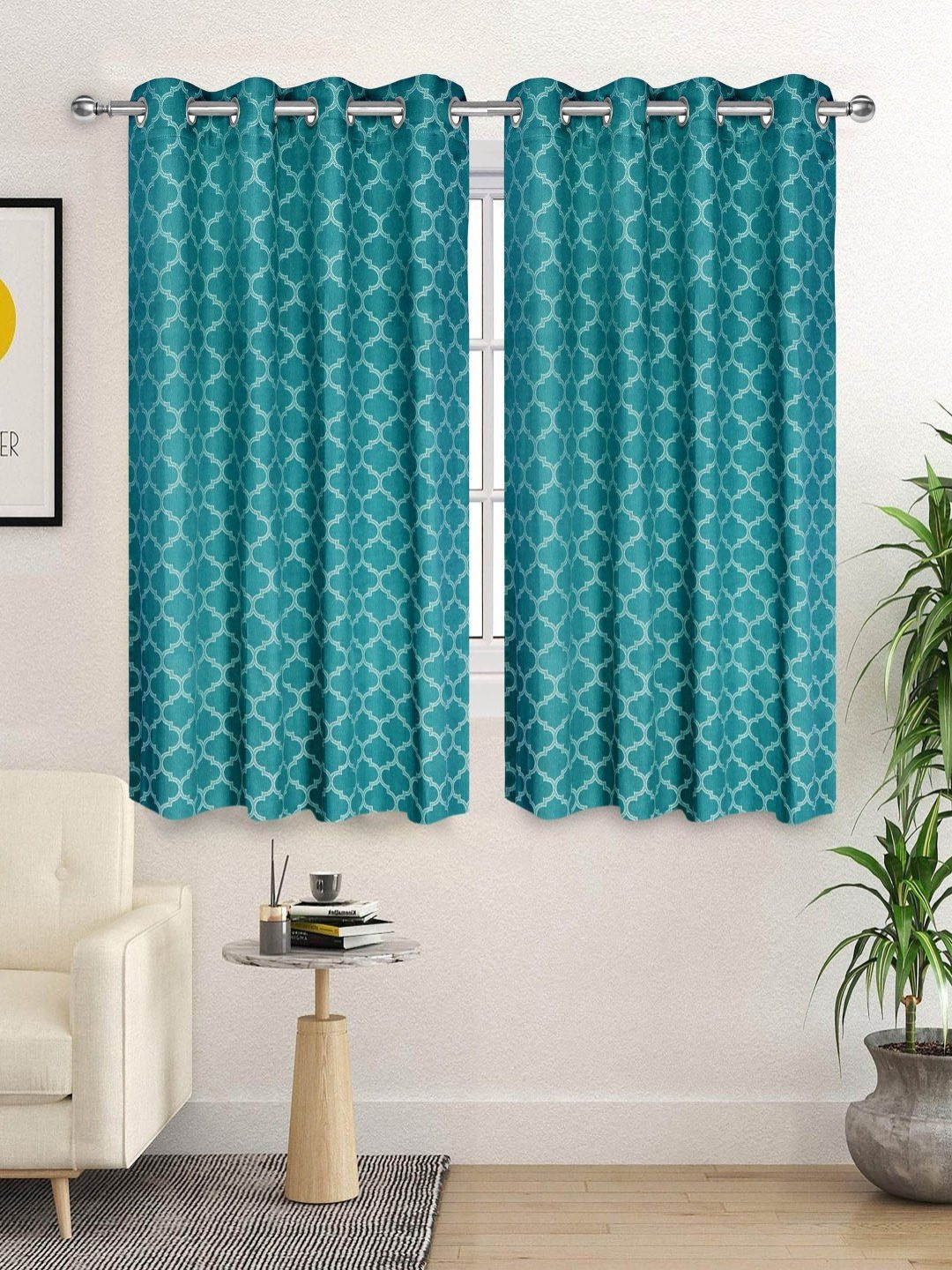 Saral Home NOOR Teal 2 Pieces Geometric Printed Cotton Room Darkening Window Curtains