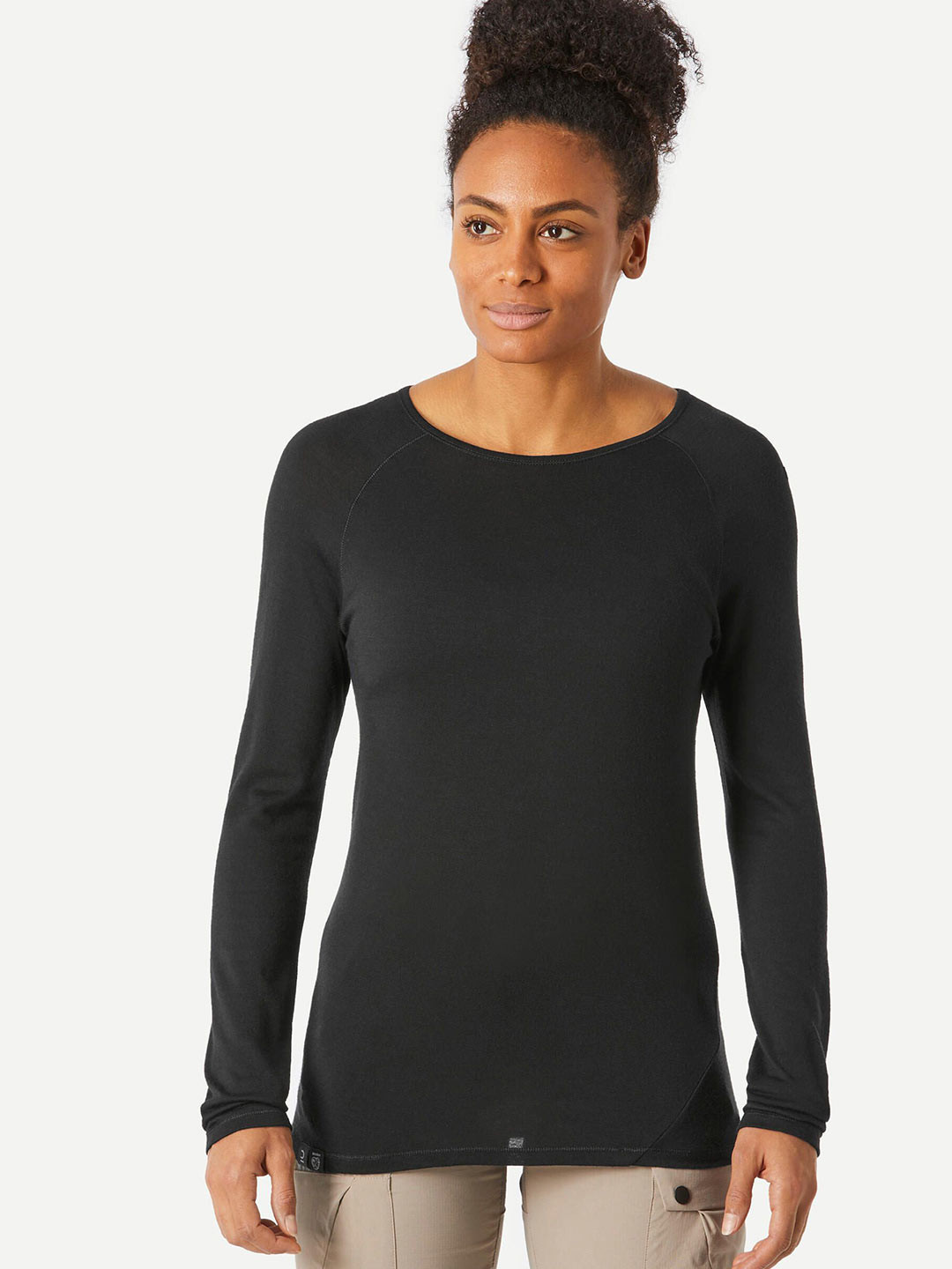 Decathlon FORCLAZ - Women Solid Black 100% Merino Wool Long-Sleeve Travel T-Shirt