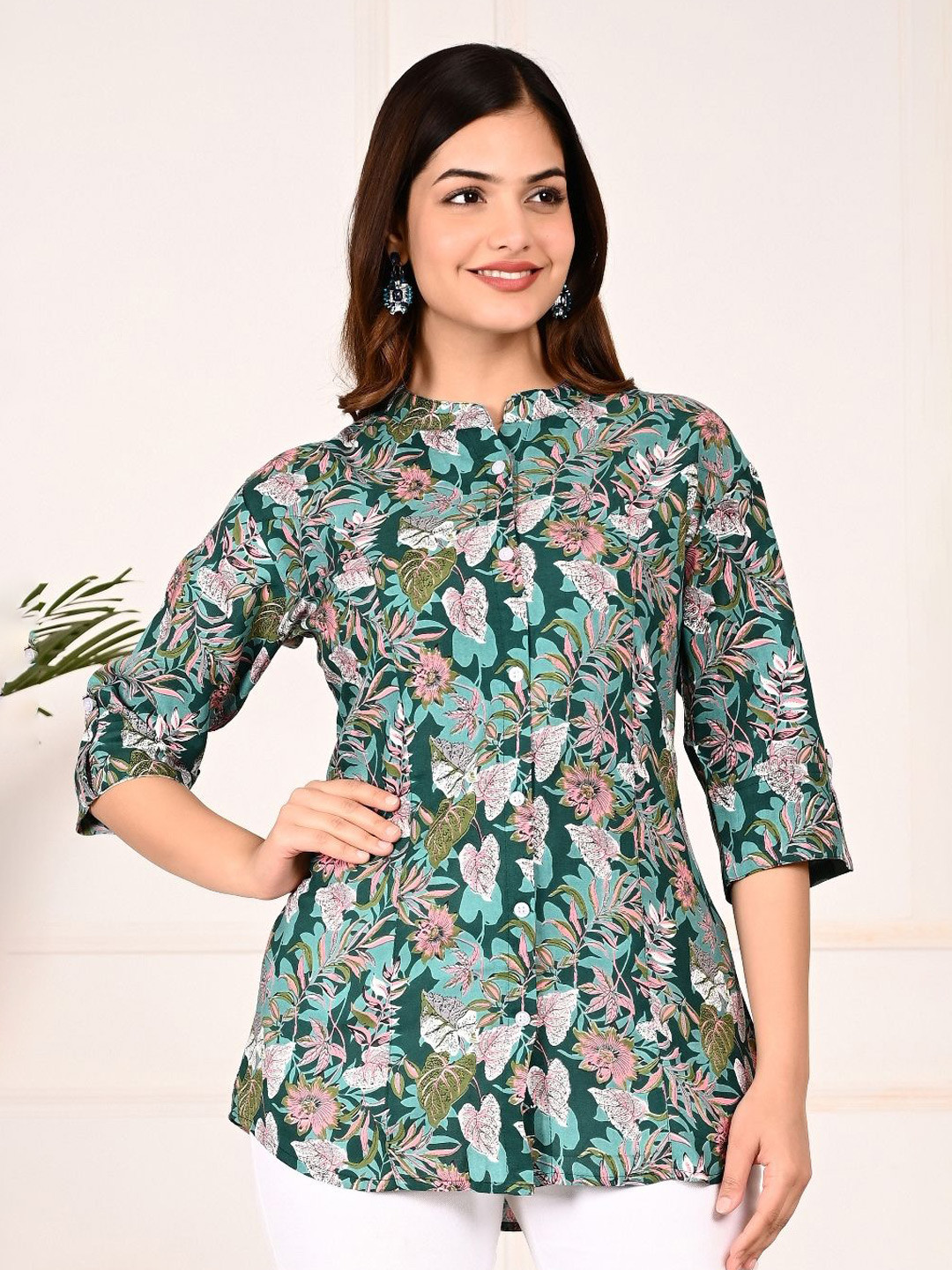 GUDWEARS Print Mandarin Collar Roll-Up Sleeves Top