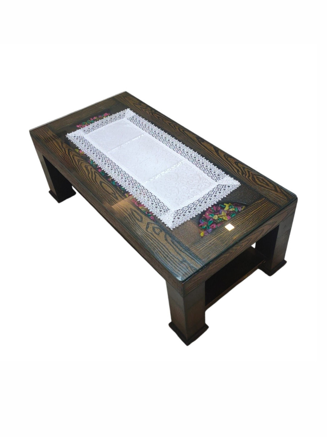 MONKDECOR White Self Design Lace Border Center Table Runner