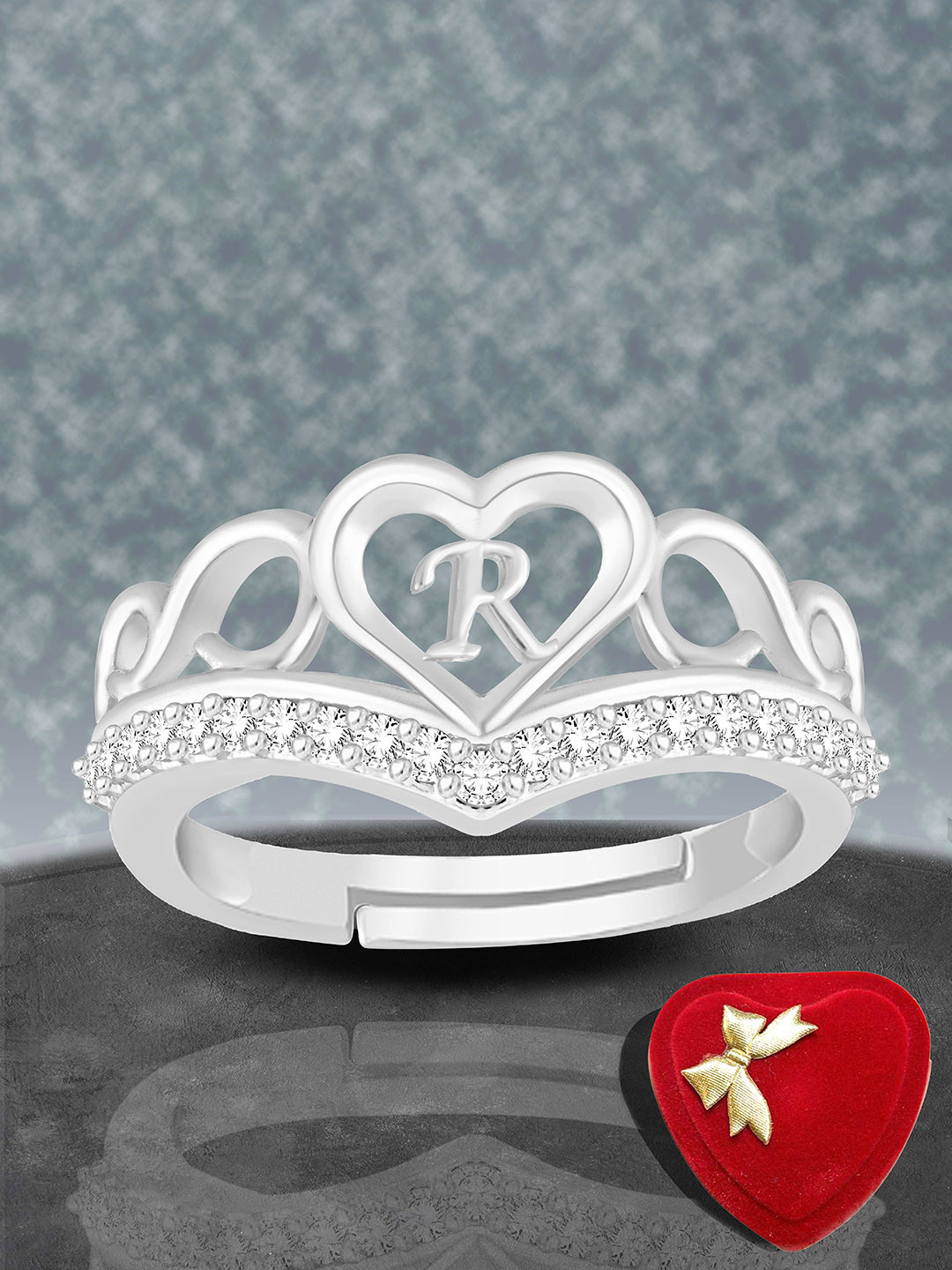 Lila Silver-Plated American Diamond Studded With R Alphabet Finger Ring